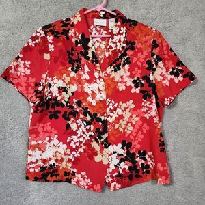 Alfred Dunner Red Black Floral‎ Button Up Sheer Style Top Size 16 Plus Size